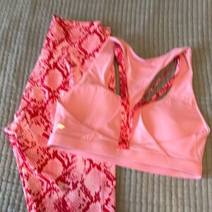 Fabletics Pink and Red Leggings and Sports Bra Set